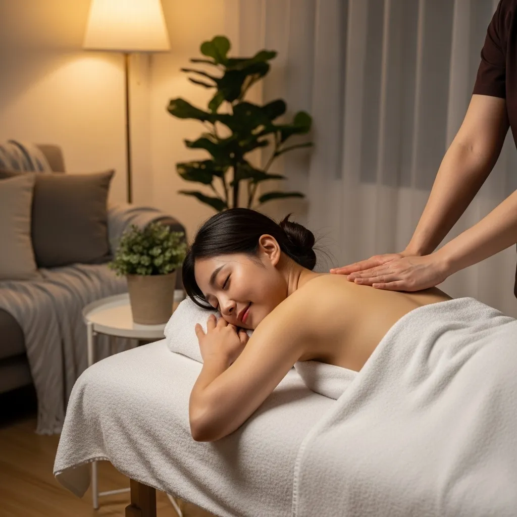 김포 출장안마 전문 관리사가 뭉친 어깨와 등 근육을 부드럽게 이완하는 모습