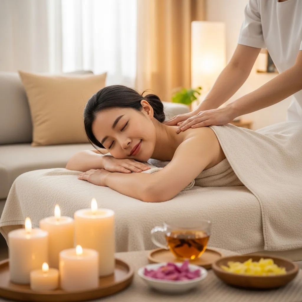 김포 출장마사지 모찌바디 로고와 거북목 케어를 받는 30대 여성 고객