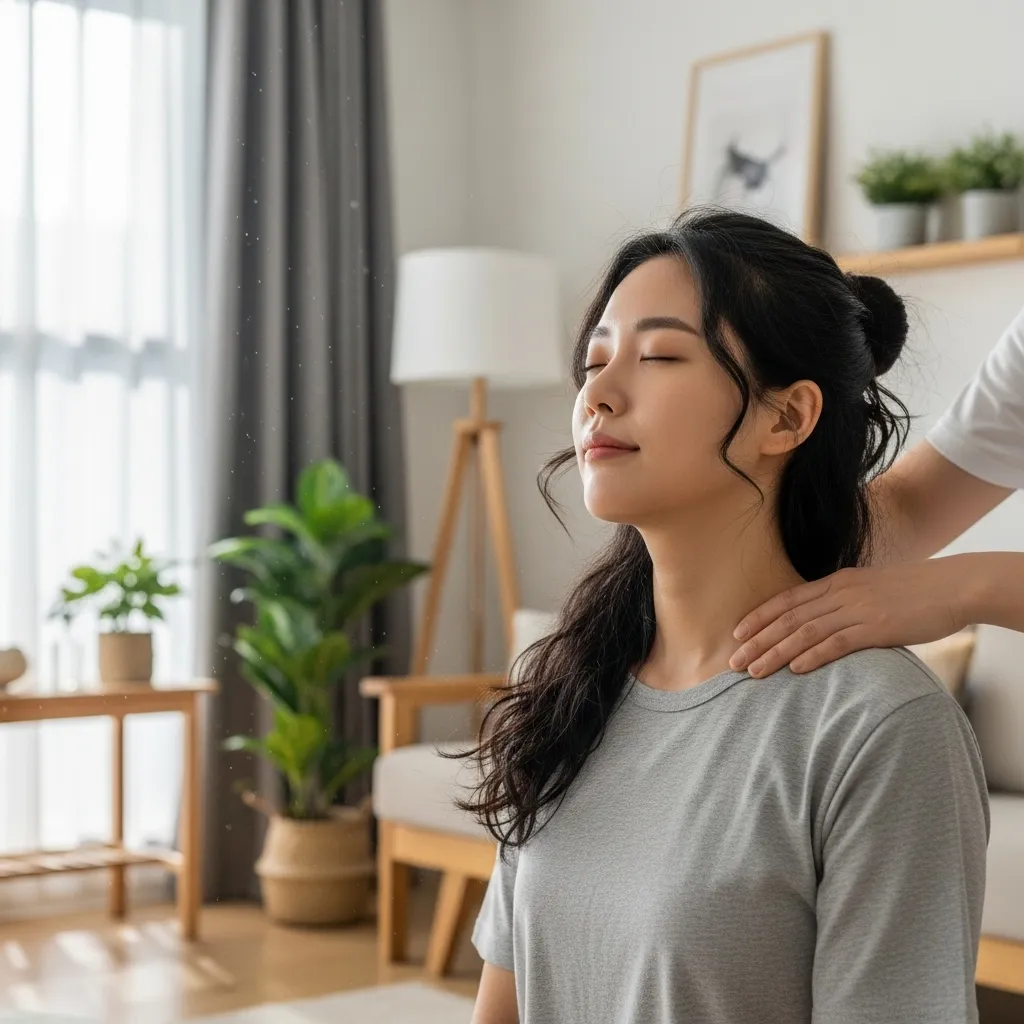 하남 미사동 고객님 댁에서 어깨 근육 이완 케어를 진행 중인 관리사